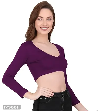 THE BLAZZE 1099 Women's Cotton Basic Sexy Solid V Neck Slim Fit Full Sleeve Saree Readymade Saree Blouse Crop Top T-Shirts for Women (M, Violet)-thumb4