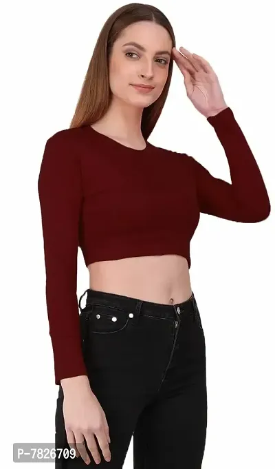 THE BLAZZE 1128 Women's Cotton Basic Sexy Solid Crew Neck Slim Fit Full Sleeve Saree Readymade Saree Blouse Crop Top T-Shirt for Women (XX-Large, Maroon)-thumb1