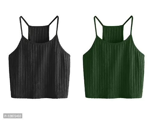 THE BLAZZE Women's Summer Basic Sexy Strappy Sleeveless Racerback Camisole Crop Top (Medium, Black Green)-thumb0