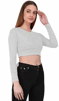 THE BLAZZE 1089 Women's Basic Sexy Solid Round Neck Slim Fit Full Sleeve Crop Top T-Shirt for Women (Large(34?-36 ), Grey)-thumb3