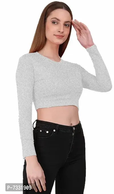 THE BLAZZE 1089 Women's Basic Sexy Solid Round Neck Slim Fit Full Sleeve Crop Top T-Shirt for Women (Large(34?-36 ), Grey)-thumb4