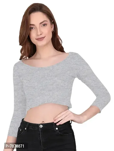 THE BLAZZE 1057 Women's Basic Sexy Solid Scoop Neck Slim Fit 3/4 Sleeve Crop Top-thumb1