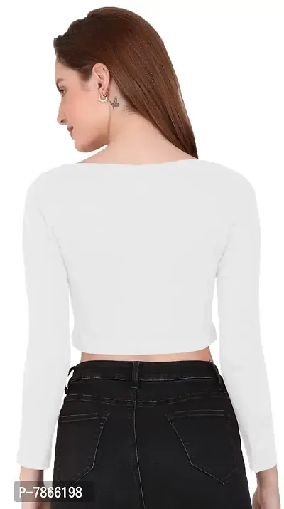 THE BLAZZE 1059 Women's Basic Sexy Solid Scoop Neck Slim Fit Full Sleeve Crop Top T-Shirt for Women (Medium(32-34), B - White)-thumb2