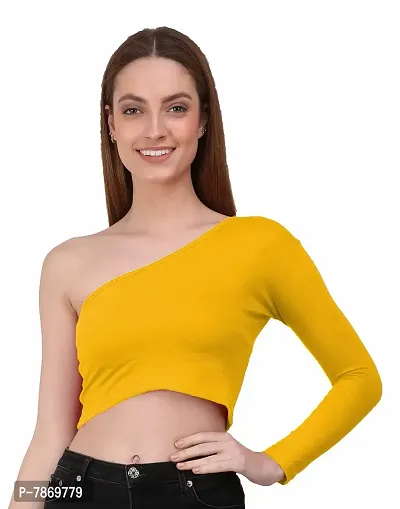 THE BLAZZE 1289 Women's Cotton One Shoulder Full Sleeve Crop Tops for Women (S, Yellow)