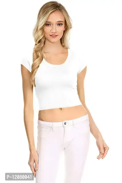 THE BLAZZE 1051 Women's Basic Sexy Solid Scoop Neck Slim Fit Short Sleeves Crop Tops (X-Large(36?-38""), B - White)