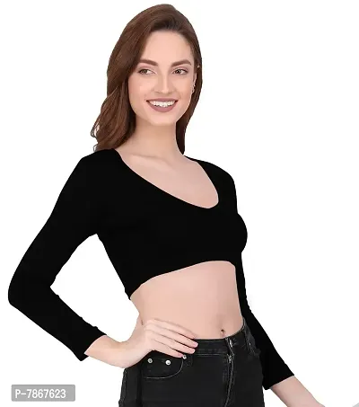 Buy THE BLAZZE 1109 Women's Cotton Basic Sexy Solid V Neck Slim Fit Full  Sleeve Saree Readymade Saree Blouse Crop Top T-Shirt for Women (Large,  Black) Online In India At Discounted Prices