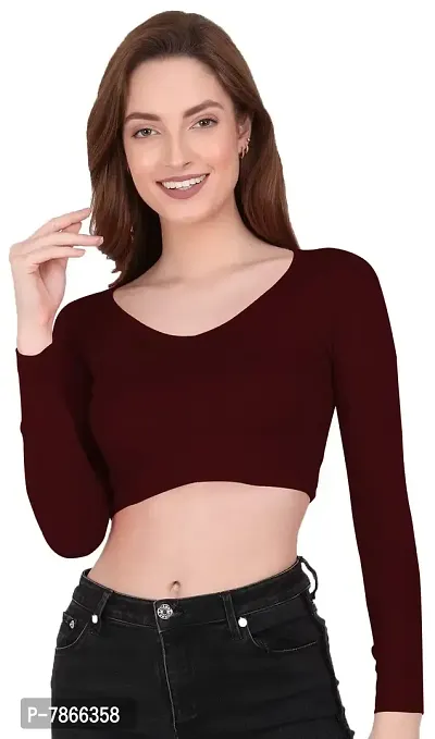 THE BLAZZE 1099 Women's Cotton Basic Sexy Solid V Neck Slim Fit Full Sleeve Saree Readymade Saree Blouse Crop Top T-Shirt for Women (Medium(32-34), B - Maroon)