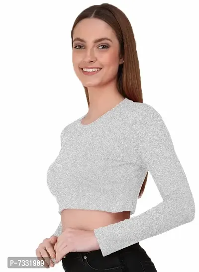 THE BLAZZE 1089 Women's Basic Sexy Solid Round Neck Slim Fit Full Sleeve Crop Top T-Shirt for Women (Large(34?-36 ), Grey)-thumb1