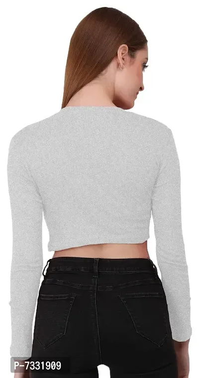 THE BLAZZE 1089 Women's Basic Sexy Solid Round Neck Slim Fit Full Sleeve Crop Top T-Shirt for Women (Large(34?-36 ), Grey)-thumb5