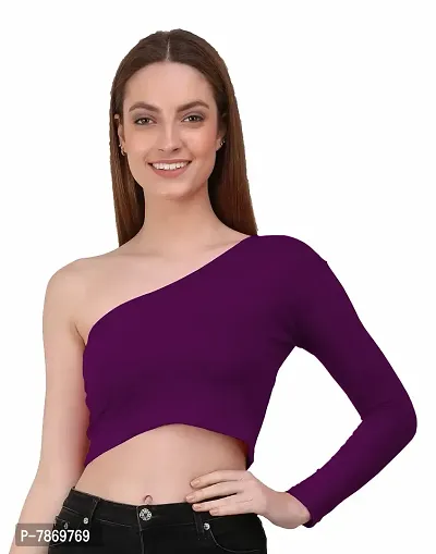 THE BLAZZE 1289 Women's Cotton One Shoulder Full Sleeve Crop Tops for Women (2XL, Violet)