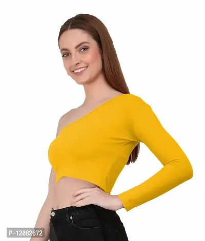 THE BLAZZE 1289 Women's Cotton One Shoulder Full Sleeve Crop Tops (XX-Large, Yellow)