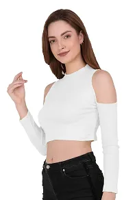 THE BLAZZE 1177 Women's Sexy Casual Cold Shoulder Full Sleeve Tops Short T-Shirt Readymade Saree Blouse Crop Top for Women (L, White)-thumb3