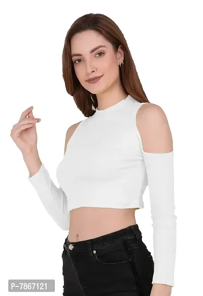 THE BLAZZE 1177 Women's Sexy Casual Cold Shoulder Full Sleeve Tops Short T-Shirt Readymade Saree Blouse Crop Top for Women (L, White)-thumb4