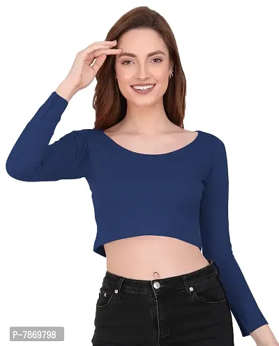 THE BLAZZE 1059 Women's Basic Sexy Solid Scoop Neck Slim Fit Full Sleeve Crop Top T-Shirt for Women (XS, Royal Blue)-thumb4