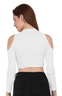 THE BLAZZE 1177 Women's Sexy Casual Cold Shoulder Full Sleeve Top Short T-Shirt Readymade Saree Blouse Crop Top for Women (Medium(32-34), B - White)-thumb1