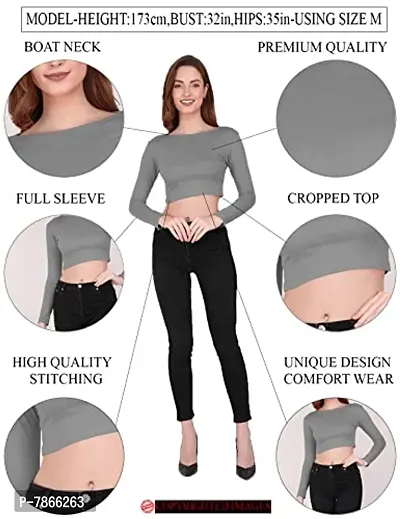 THE BLAZZE 1138 Women's Basic Sexy Solid Boat Neck Slim Fit Full Sleeve Crop Top T-Shirt for Women (Large(34?-36),A - Black)-thumb5