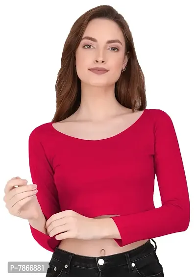 THE BLAZZE 1059 Women's Basic Sexy Solid Scoop Neck Slim Fit Full Sleeve Crop Top T-Shirt for Women (XX-Large(38?-40), Pink)