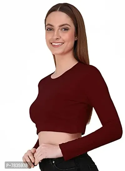 THE BLAZZE 1128 Women's Basic Sexy Solid Scoop Neck Slim Fit Full Sleeve Crop Top (M, Maroon)-thumb3