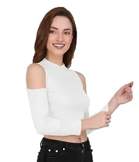 THE BLAZZE 1177 Women's Sexy Casual Cold Shoulder Full Sleeve Top Short T-Shirt Readymade Saree Blouse Crop Top for Women (Medium(32-34), B - White)-thumb3