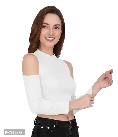 THE BLAZZE 1177 Women's Sexy Casual Cold Shoulder Full Sleeve Top Short T-Shirt Readymade Saree Blouse Crop Top for Women (Medium(32-34), B - White)-thumb4