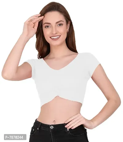 THE BLAZZE 1151 Women's Basic Sexy V Neck Slim Fit Crop Top T-Shirt for Women (X-Small, White)-thumb4