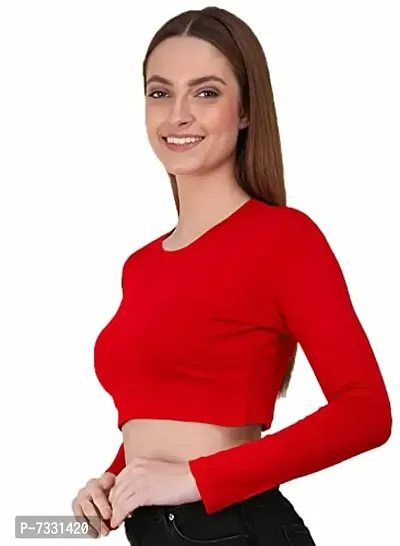 THE BLAZZE 1089 Women's Basic Sexy Solid Round Neck Slim Fit Full Sleeve Crop Top T-Shirt for Women (Large(34?-36 ), Red)-thumb1