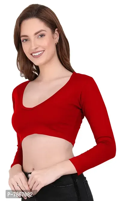 THE BLAZZE 1099 Women's Cotton Basic Sexy Solid V Neck Slim Fit Full Sleeve Saree Readymade Saree Blouse Crop Top T-Shirts for Women (L, Red)