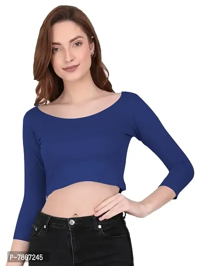 THE BLAZZE 1057 Women's Cotton Scoop Neck Full Sleeve Tank Crop Tops Bustier Bra Crop Top Bralette Readymade Saree Blouse for Women's (S, Royal Blue)-thumb1