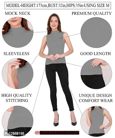 Women's Plain Black Sleeveless High Neck/Turtle Neck Top Stretch Slim Cotton T-Shirt FDor Women-thumb5