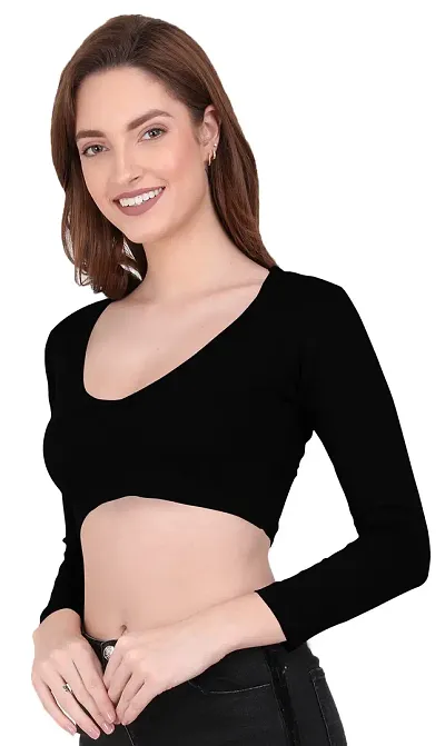 THE BLAZZE 1109 Women's Cotton Basic Sexy Solid V Neck Slim Fit Full Sleeve Saree Readymade Saree Blouse Crop Top T-Shirt for Women