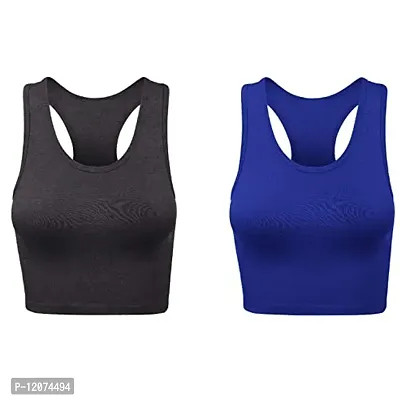 THE BLAZZE Women's Cotton Racerback Basic Crop Tank Tops (X-Large, Charcoal Melange Royal Blue)