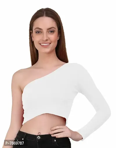 THE BLAZZE 1289 Women's Cotton One Shoulder Full Sleeve Crop Tops for Women (XL, White)