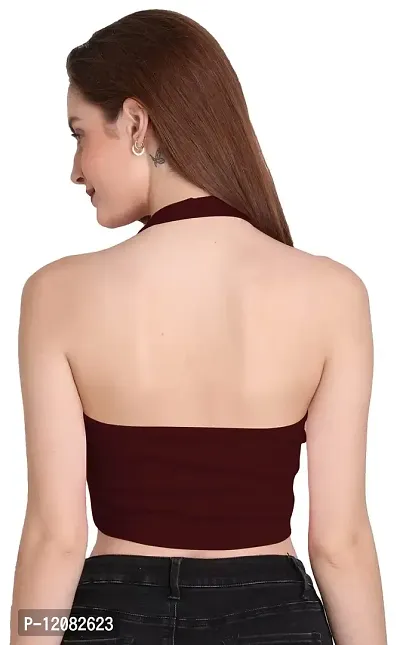 THE BLAZZE 1294 Women's Basic Sexy Solid Halter Neck Slim Fit Sleeveless Crop Top T-Shirt for Women (XX-Large, Maroon)-thumb3