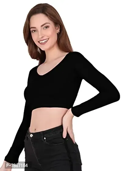 THE BLAZZE 1099 Women's Basic Sexy Solid V Neck Slim Fit Full Sleeve Crop Top T-Shirt for Women (XS, A - Black)-thumb3