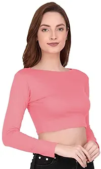 THE BLAZZE 1138 Women's Cotton Basic Sexy Solid Boat Neck Slim Fit Full Sleeve Saree Readymade Saree Blouse Crop Tops T-Shirt for Women (Large(34?-36 ), Light Pink)-thumb2