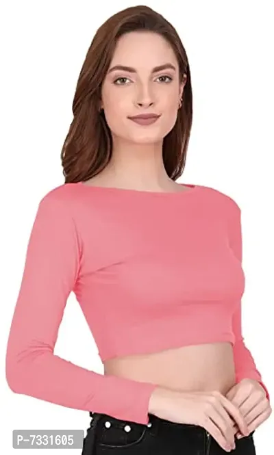 THE BLAZZE 1138 Women's Cotton Basic Sexy Solid Boat Neck Slim Fit Full Sleeve Saree Readymade Saree Blouse Crop Tops T-Shirt for Women (Large(34?-36 ), Light Pink)-thumb3