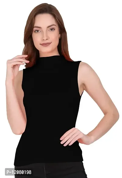 Women's Plain Black Sleeveless High Neck/Turtle Neck Top Stretch Slim Cotton T-Shirt FDor Women-thumb0