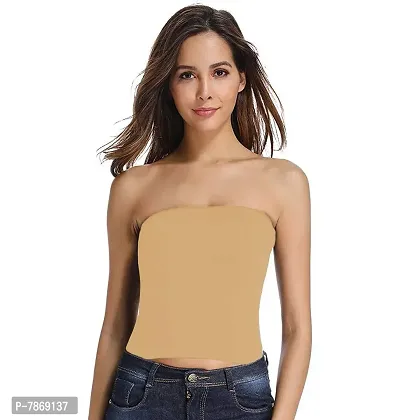 THE BLAZZE 1037 Women's Basic Sexy Solid Strappy Sleeveless Medium Bandeau Bra Basic Layering Bralette Seamless Non-Padded Camisole Crop Top Tube Top (Medium, D - Beige)