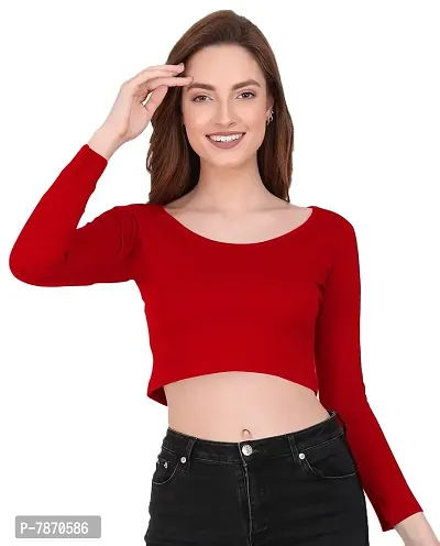 THE BLAZZE 1059 Women's Cotton Basic Sexy Solid Scoop Neck Slim Fit Full Sleeve Saree Readymade Saree Blouse Crop Top T-Shirt for Women (XX-Large(38?-40), C - Red)-thumb5