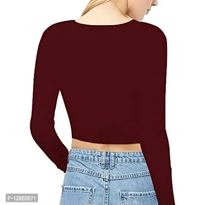 THE BLAZZE 1089 Women's Basic Sexy Solid Round Neck Slim Fit Full Sleeve Crop Top T-Shirt for Women (X-Small, Maroon)-thumb2