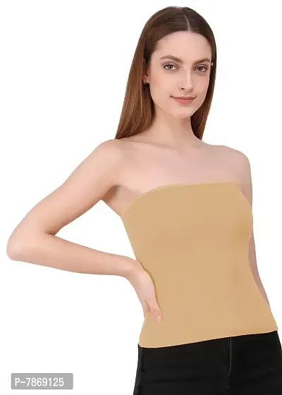 THE BLAZZE 1038 Women's Basic Sexy Solid Strappy Sleeveless Long Bandeau Bra Basic Layering Bralette Seamless Non-Padded Camisole Crop Top Tube Top (Large, D - Beige)-thumb4