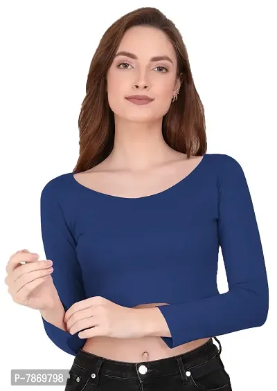 THE BLAZZE 1059 Women's Basic Sexy Solid Scoop Neck Slim Fit Full Sleeve Crop Top T-Shirt for Women (XS, Royal Blue)