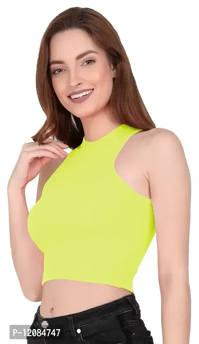 THE BLAZZE 1025 Women's Basic Sexy Solid Slim Fit Sleeveless Crop Top T-Shirt for Women (Large, Light Yellow)-thumb1