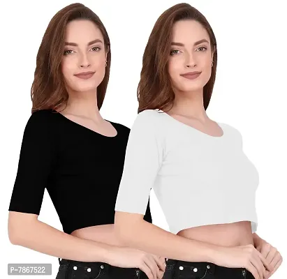 THE BLAZZE 1055 Women's Basic Sexy Solid Scoop Neck Slim Fit Short Sleeves Crop Tops (Medium(32-34), A - Black White)-thumb0