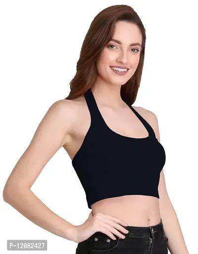 THE BLAZZE 1294 Halter Neck Crop Top for Women (Large, Navy)