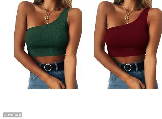 THE BLAZZE Women's Sleeveless Crop Tops Sexy Strappy Tees (L, Green+Wine Red)