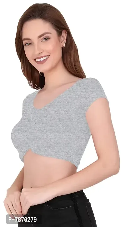 THE BLAZZE 1151 Women's Basic Sexy V Neck Slim Fit Crop Top T-Shirt for Women (X-Small, Grey)-thumb3