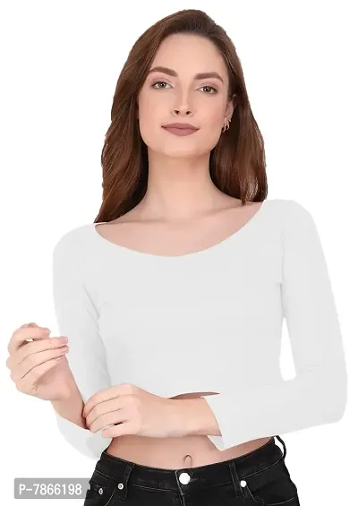 THE BLAZZE 1059 Women's Basic Sexy Solid Scoop Neck Slim Fit Full Sleeve Crop Top T-Shirt for Women (Medium(32-34), B - White)