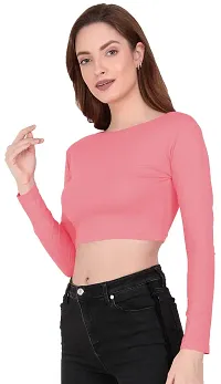 THE BLAZZE 1138 Women's Cotton Basic Sexy Solid Boat Neck Slim Fit Full Sleeve Saree Readymade Saree Blouse Crop Top T-Shirt for Women (Small, Light Pink)-thumb3