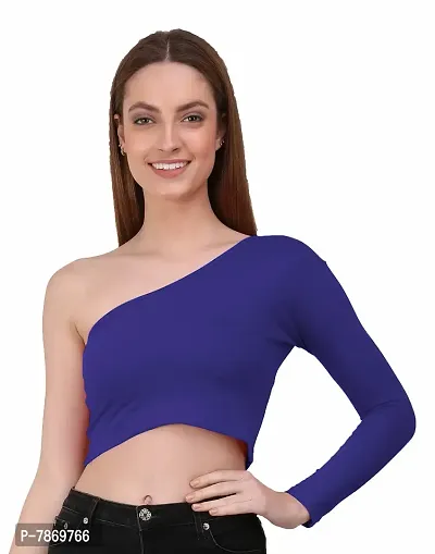 THE BLAZZE 1289 Women's Cotton One Shoulder Full Sleeve Crop Tops for Women (M, Royal Blue)